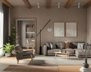 Contemporary interior design of the living room with stucco walls and rafter ceiling. Beautiful decoration. Mock up, 3d rendering	