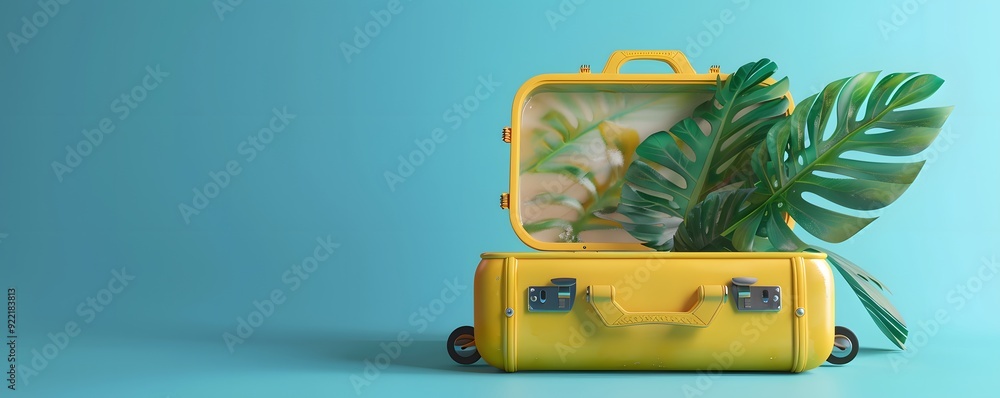 Wall mural Open Yellow Suitcase with Tropical Leaves