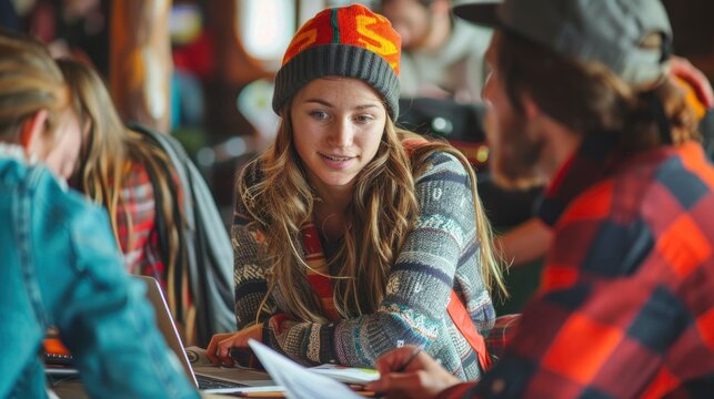 A team of social workers planning a community outreach program, with pamphlets and laptops, highlighting the collaborative effort in social services