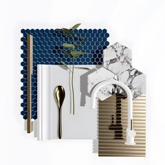 Mood board interior modern design collage colors blue white gold green marble decor elements living room kitchen home