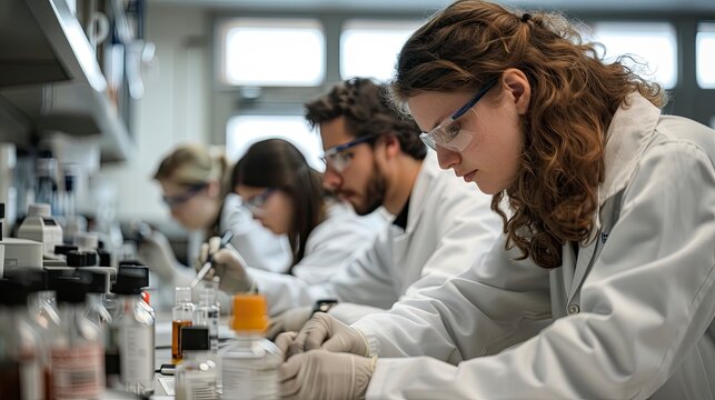 Scientists from various disciplines working together in a research lab, with equipment and data sheets, demonstrating interdisciplinary collaboration