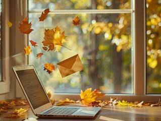 Embracing Seasonal Email Marketing: Laptop on Wooden Desk with Autumn Leaf Envelopes Emerging from Screen