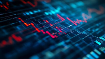 Abstract data visualization with blue and red lines representing fluctuating financial trends on a digital interface.
