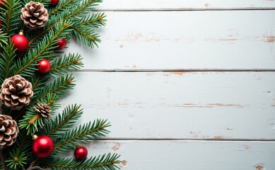 Christmas tree branches with pine cones and balls on wooden background.
