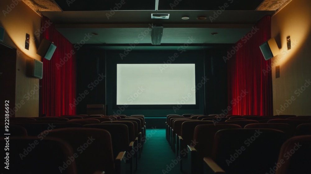 Poster A quiet cinema hall features an empty seating area and a large blank screen, framed by elegant red curtains, creating a peaceful atmosphere.