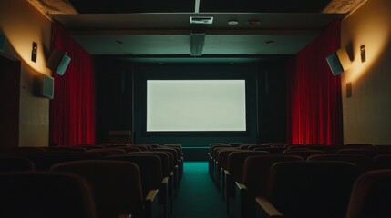 A quiet cinema hall features an empty seating area and a large blank screen, framed by elegant red curtains, creating a peaceful atmosphere.