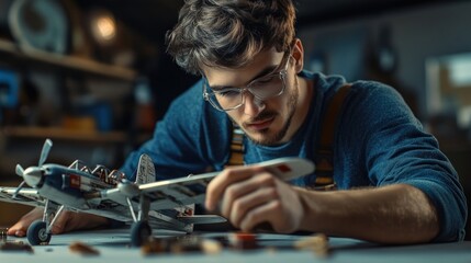 Man Building Model Airplane in Workshop