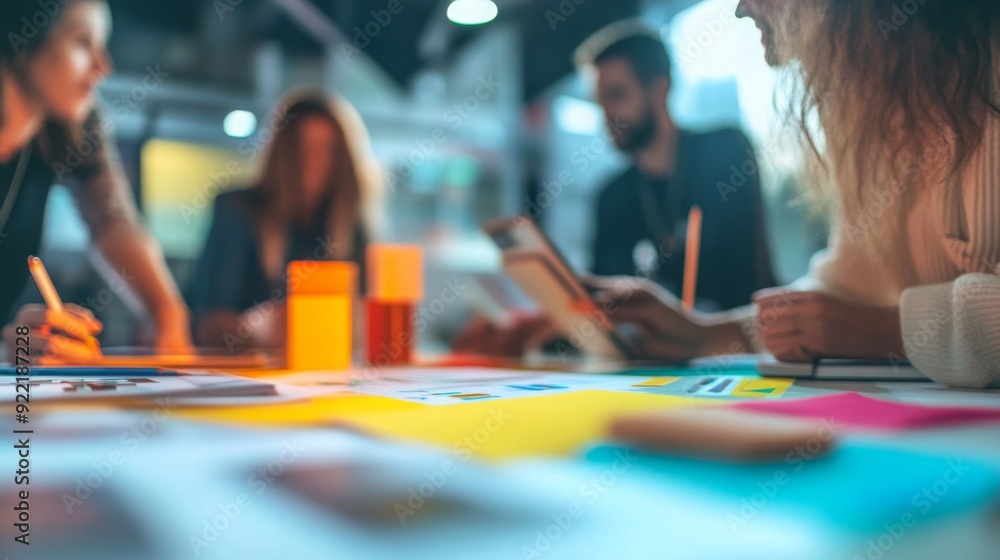 Aufkleber a diverse team collaborates at a table covered with colorful papers and tools, focusing on ideas and
