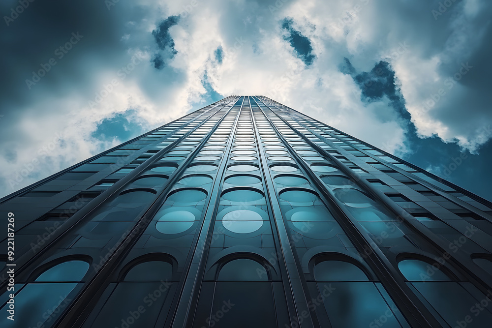 Poster  a tall skyscraper against a cloudy sky with circular patterns