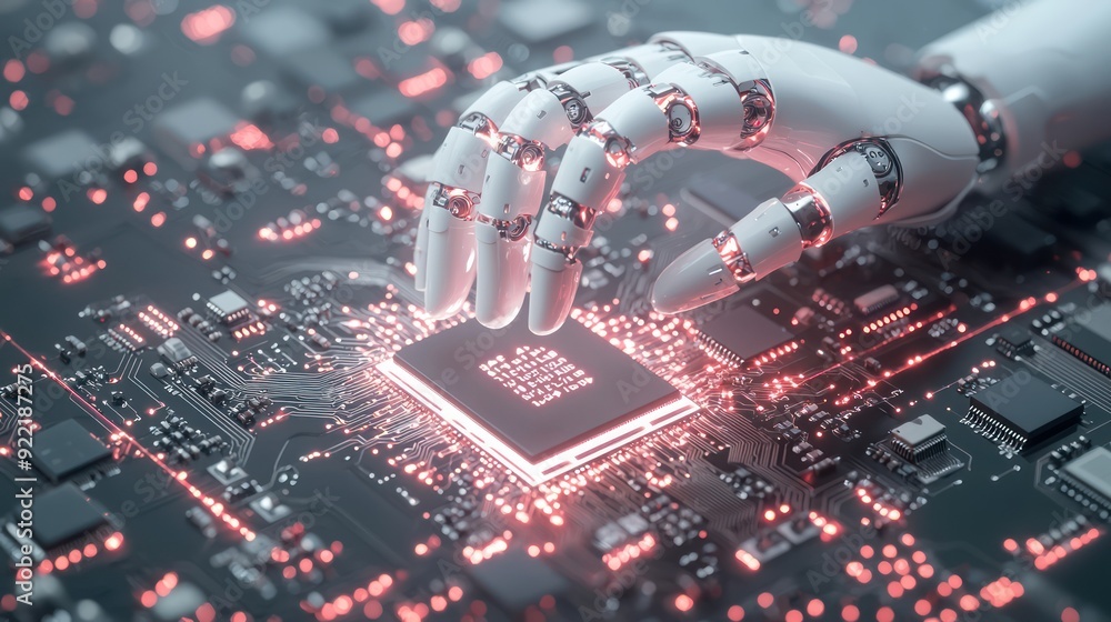Aufkleber futuristic ai-powered robotic hand holding microchip - symbol of precision and advancement in engine