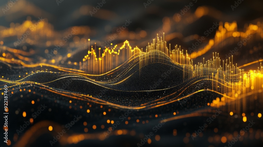 Aufkleber A detailed shot of a 3D line graph illustrating stock market performance, with golden lines and data points creating a sleek and modern financial visualization.