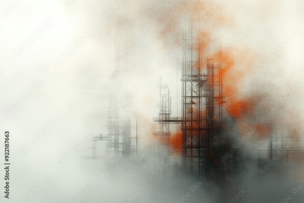 Aufkleber mysterious industrial horizon: a visual exploration of fog and form in an evolving landscape of inve