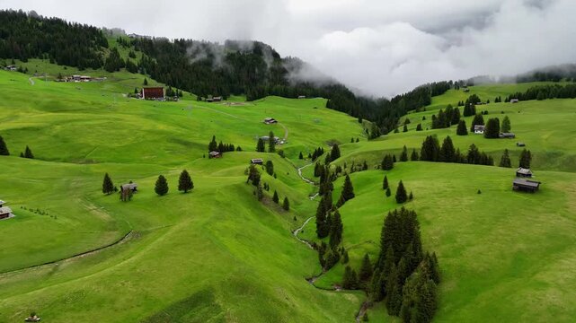 Aerial view of Alpe di Siusi with Sassolungo, Dolomites, Italy