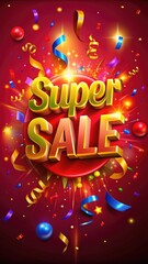 the inscription "big sale" on a festive background with flying confetti, a retail promotion, discount promotions and a marketing offer on social networks.