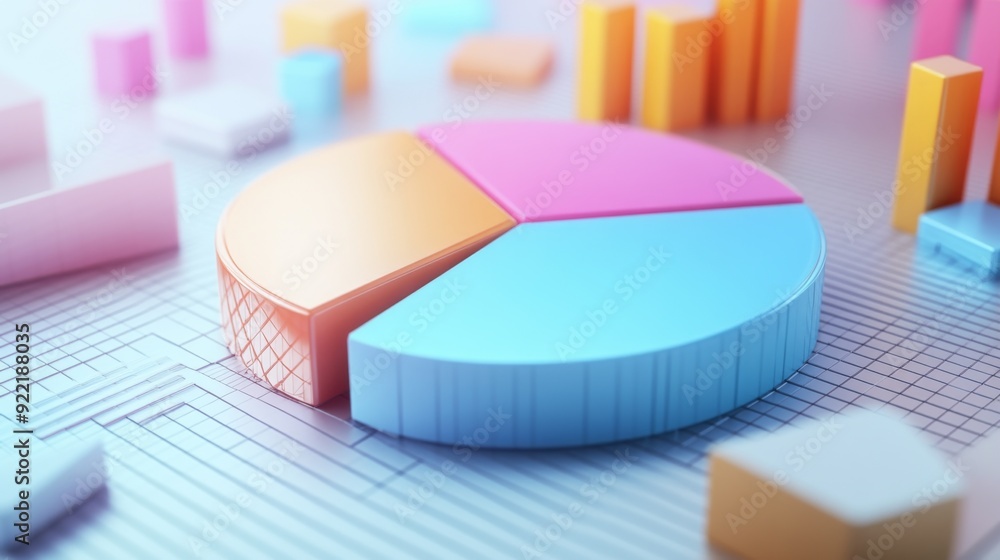 Poster A detailed shot of a 3D pie chart with segmented sections and labels, displaying data in a visually engaging and three-dimensional format.