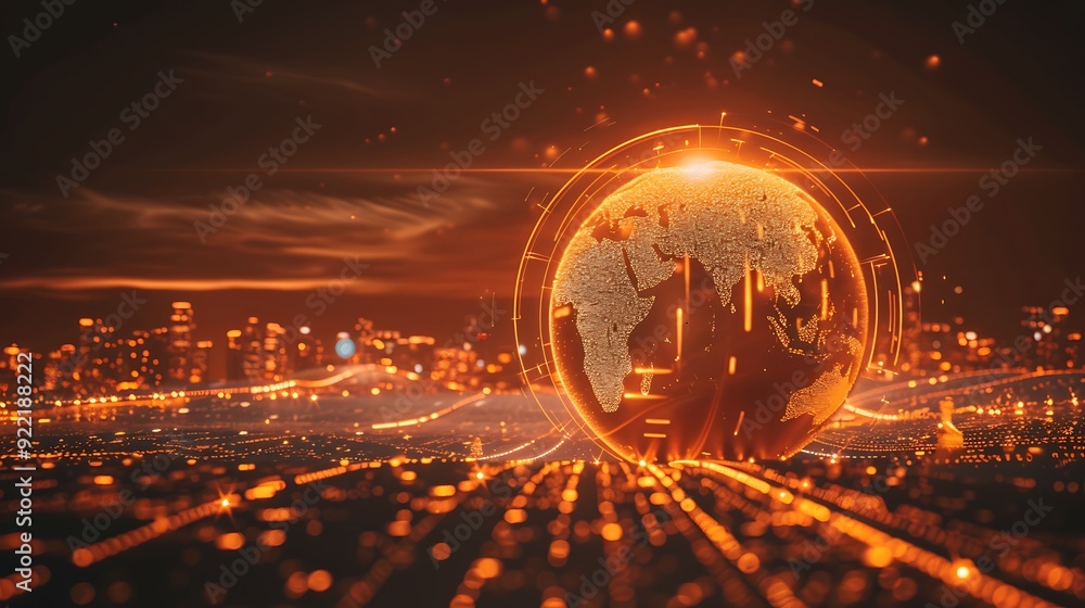 Poster illuminated digital globe with dynamic data streams representing global connectivity and innovation