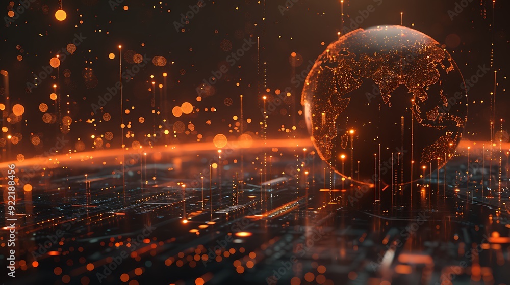 Poster illuminated digital globe with dynamic data streams representing global connectivity and innovation