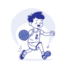 Minimalist cartoon boy playing basketball, blue and white color scheme.
