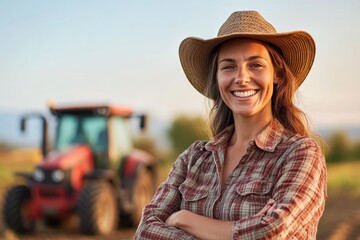Smiling female farmer with tractor at sunset in the countryside