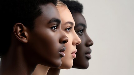 Diverse profiles of three young individuals showcasing unique skin tones and features, emphasizing unity and beauty in diversity against a neutral background.