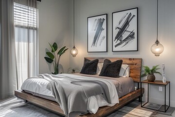 A bedroom with two posters on the wall, a grey and white color scheme.