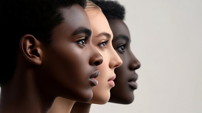 Diverse profiles of three young individuals showcasing unique skin tones and features, emphasizing unity and beauty in diversity against a neutral background.