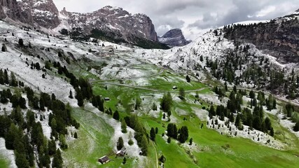Aerial view of Alpe di Siusi with Sassolungo, Dolomites, Italy