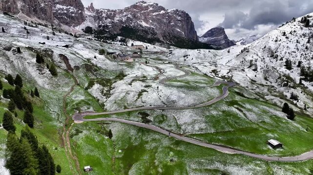 Aerial view of Alpe di Siusi with Sassolungo, Dolomites, Italy