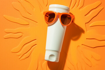 Bottle of sunscreen cream, sunglasses and drawn sun on orange background