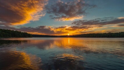 Naklejka premium A colorful sunset over a calm lake, casting a golden glow across the water