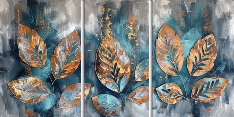 Set of 3 wall art panels with abstract leaf prints in vivid teal, warm gold, and rich auburn, on stormy gray background, painting, close up, split into three on white background 
