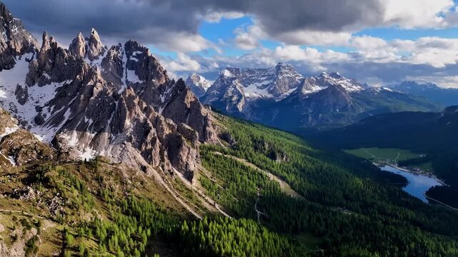 Aerial view Cadini di Misurina mountain group in Dolomites, Italy, part of Tre Cime di Levaredo national park