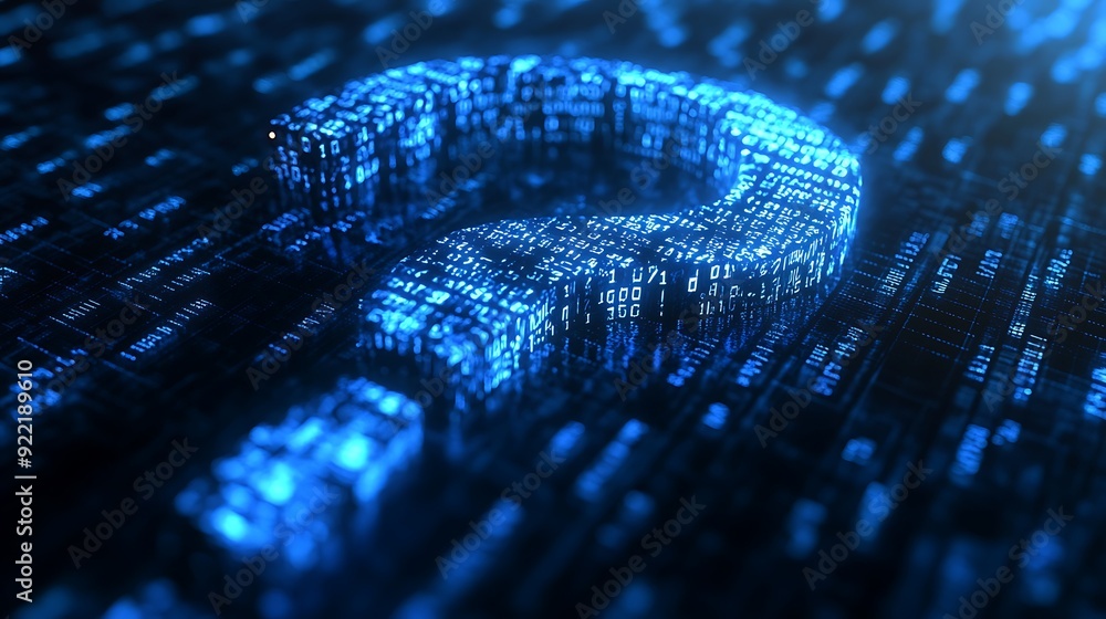 Poster illuminated question mark made of digital data representing curiosity and technology