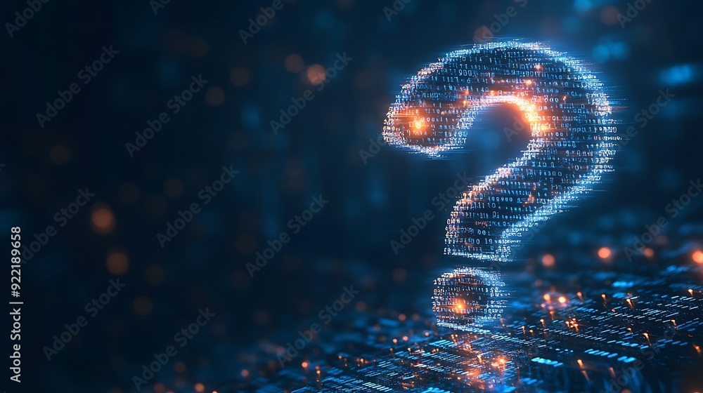 Poster illuminated question mark made of digital data representing curiosity and technology