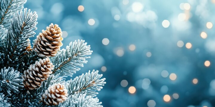 Winter holiday decorations glowing under a snowy sky, with a tranquil blue backdrop