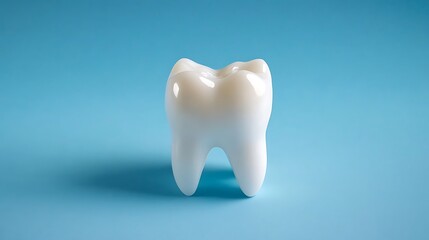 A realistic, glossy, white tooth model displayed against a vibrant blue background, representing dental health and hygiene in a clean and modern style.