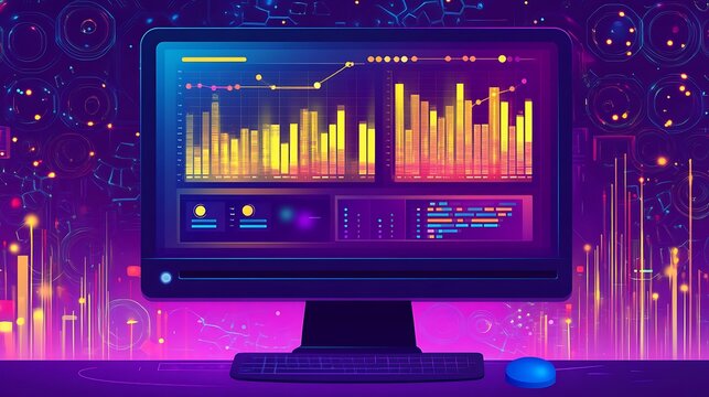 A vibrant digital dashboard illustrating colorful data visualizations, featuring bar graphs and statistics against a gradient background in hues of purple and yellow.
