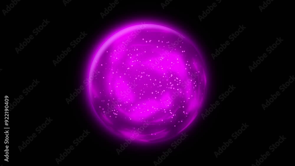 Poster a magical pink and red glowing sphere with moving and floating particles inside