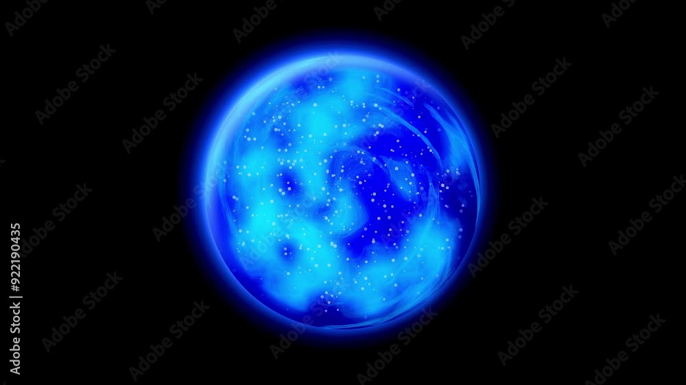 Poster blue glowing magical sphere with floating and moving particles inside