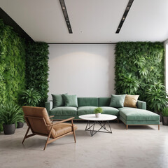 Interior of modern living room with green walls, concrete floor, comfortable green sofa and round coffee table. 