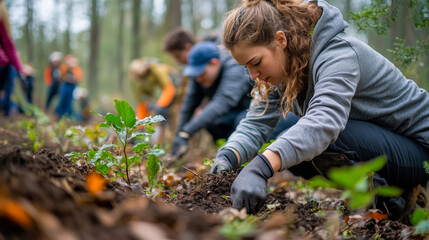 Enthusiastic young volunteers, clad in gray hoodies and black gloves, diligently plant saplings into the fertile forest soil, surrounded by supportive spectators. 