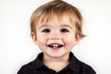A joyful toddler with a big smile in a bright, cheerful setting on a white background