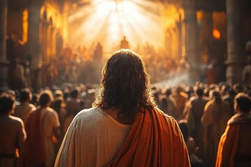 Fototapeta premium captivating view of jesus addressing a diverse crowd seen from behind the listeners rich warm colors and atmospheric lighting emphasize the powerful moment of teaching