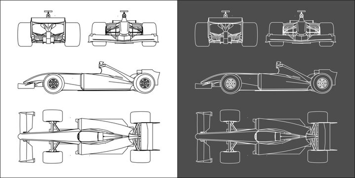 set of formula 1 car. F1  line art draw blueprint wireframe from all side view. isolated on transparent background 
