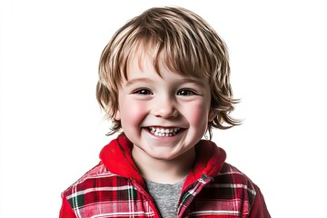 A cheerful boy with a bright smile in a cozy plaid jacket