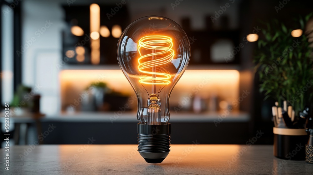 Poster a detailed shot of a light bulb with a decorative filament design, illuminated to show its artistic 