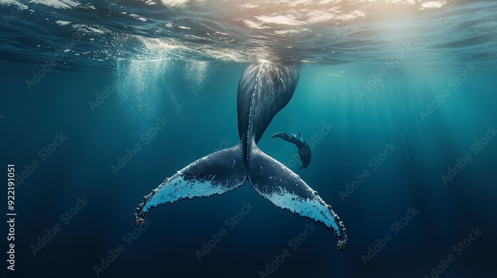 Canvas Prints Seascape with Whale tail. The humpback whale (Megaptera novaeangliae) tail, A Humpback Whale and her calf swimming below oceans surface, whale in half air