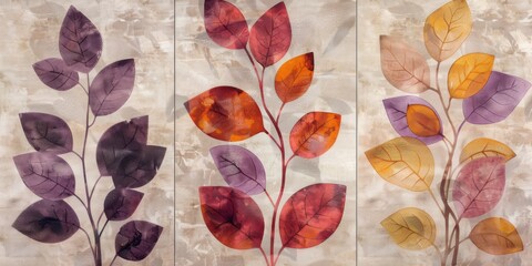 Set of 3 wall art panels with abstract leaf prints in bright lavender, soft olive, and deep rust, on warm taupe background, painting, close up, split into three on white background