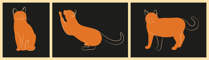 Abstract cats illustrations in different poses, black background. Sitting, stretching and standing position. Collection of silhouettes, smooth lines. Perfect for pet-related products, stylish decor.