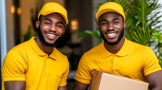 Two cheerful young African American men in matching yellow outfits and caps, smiling brightly as they hold a cardboard box in a welcoming indoor setting.